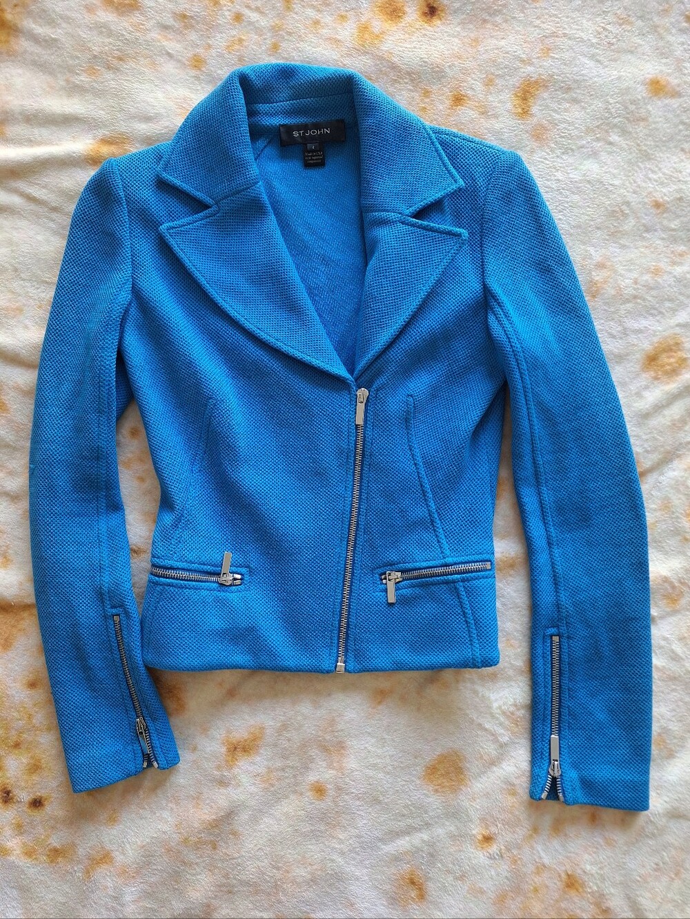 St. John Royal Blue Wool Knit Moto Jacket Full Zip Edgy Blazer Womens Size 2